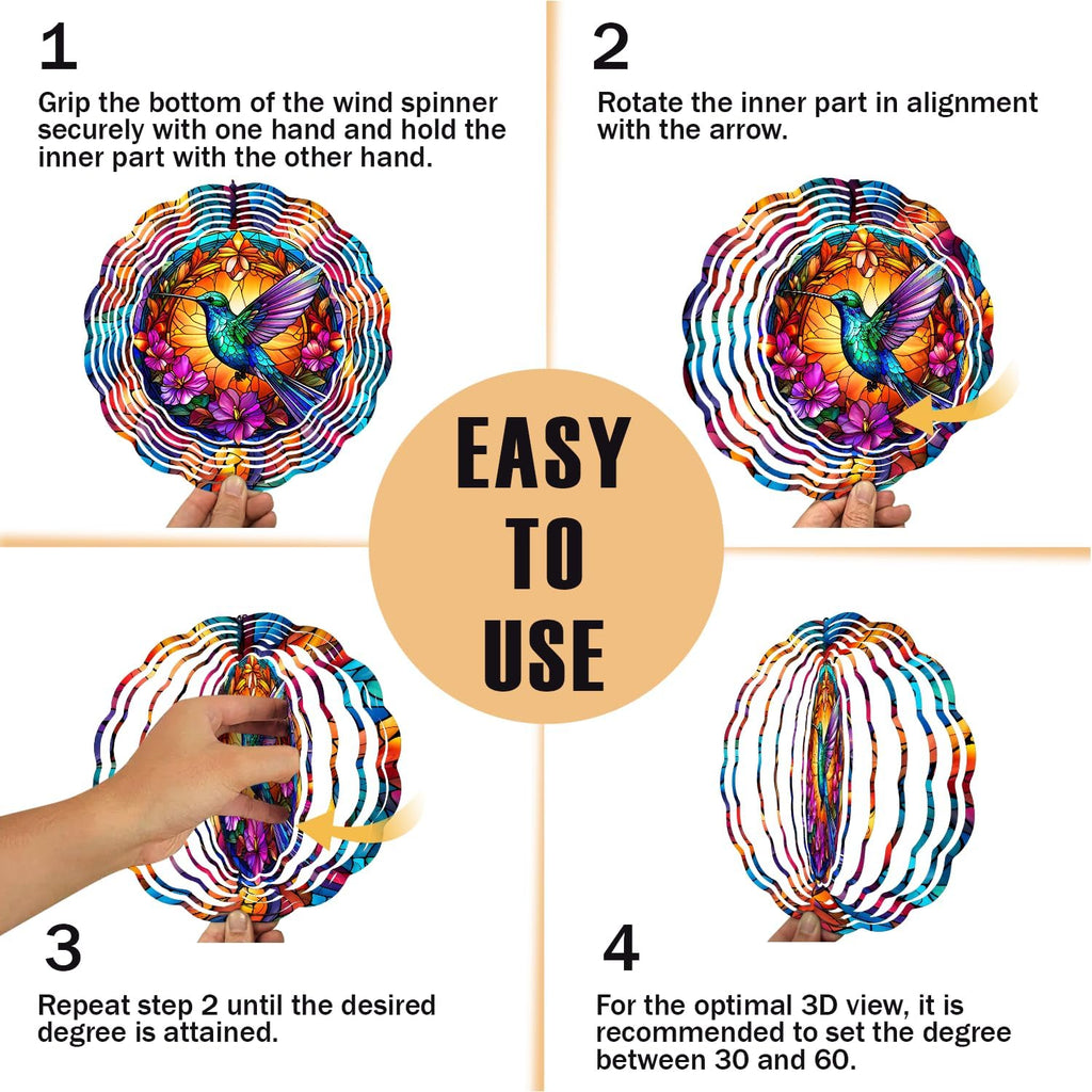 Hummingbird Wind Spinner, 3D Hanging Stainless Steel Garden Spinner, Wind Spinner Hanging for Outdoor & Indoor Décor, Unique Gifts for Yard Garden Decoration or Patio Décor (Hummingbird)