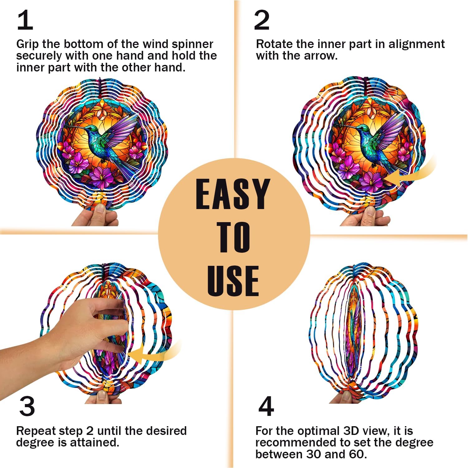 Hummingbird Wind Spinner, 3D Hanging Stainless Steel Garden Spinner, Wind Spinner Hanging for Outdoor & Indoor Décor, Unique Gifts for Yard Garden Decoration or Patio Décor (Hummingbird)
