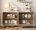WAMPAT 65-inch Handcrafted Patchwork Decorative Buffet Cabinet with Pop-Up Design Doors,Full Unit Modern Farmhouse Accent Credenza for Coffee Bar, Kitchen, and Living Room,Beige Light Oak