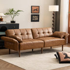 HALLYBEE 85" Futon Faux Leather Couch with Adjustable Armrests Brown | Futon Sofa Bed, Sleeper Sofa, Small Couch with Pillows, Side Pockets, Mid Century Modern, Living Room, Bedroom, Apartment