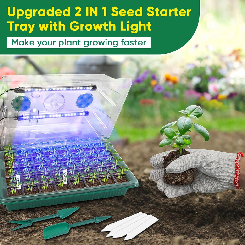 BlumWay Seed Starter Tray with Grow Light,3 Pack 120 Cells Seedling Tray with Humidity Dome/Indoor Grow Kit for Deep-Rooted Seedlings,Adjustable/Timed Light Plant Starter Set