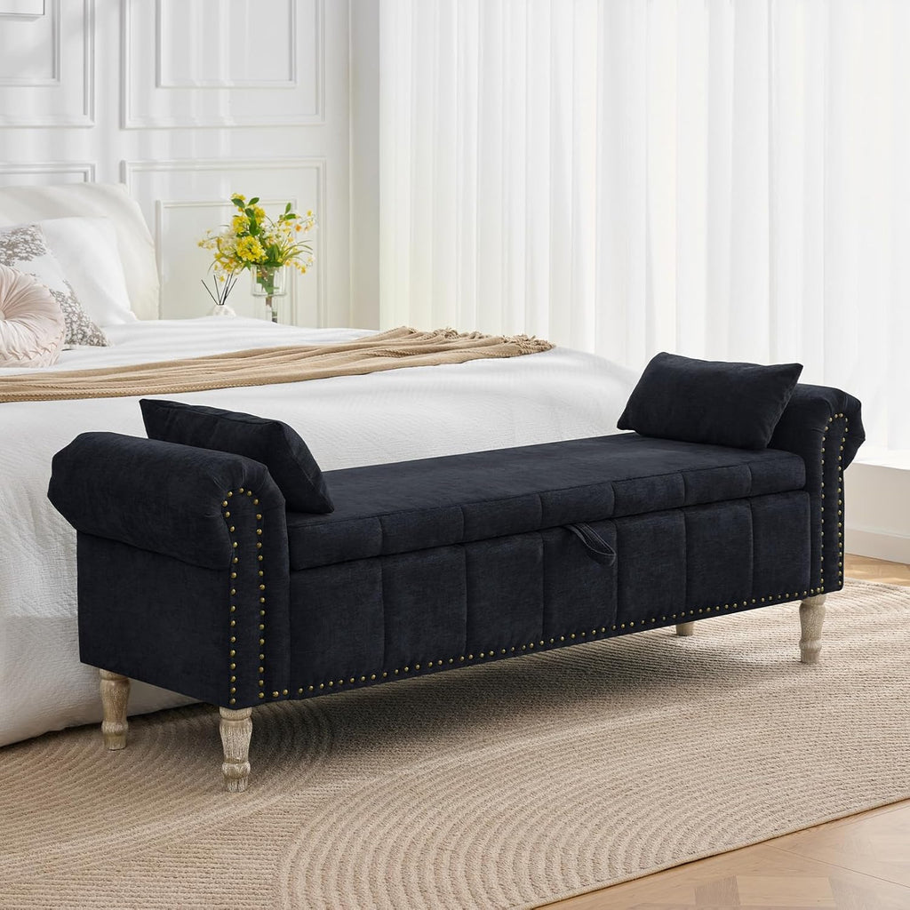 67" Storage Bench for Bedroom End of Bed King Size, Bedroom Bench with Storage for Foot of Bed, Upholstered Storage Benches with Nailhead Trim and Pillows, Linen Black
