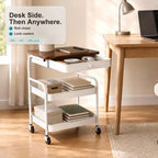 3 Tier Rolling Cart with Hidden Drawer and Wood Top, Small Space Storage Cart with Wheels, Coffee Station Organizer and Side Table Cart for Living Room, Bedroom, Kitchen, White