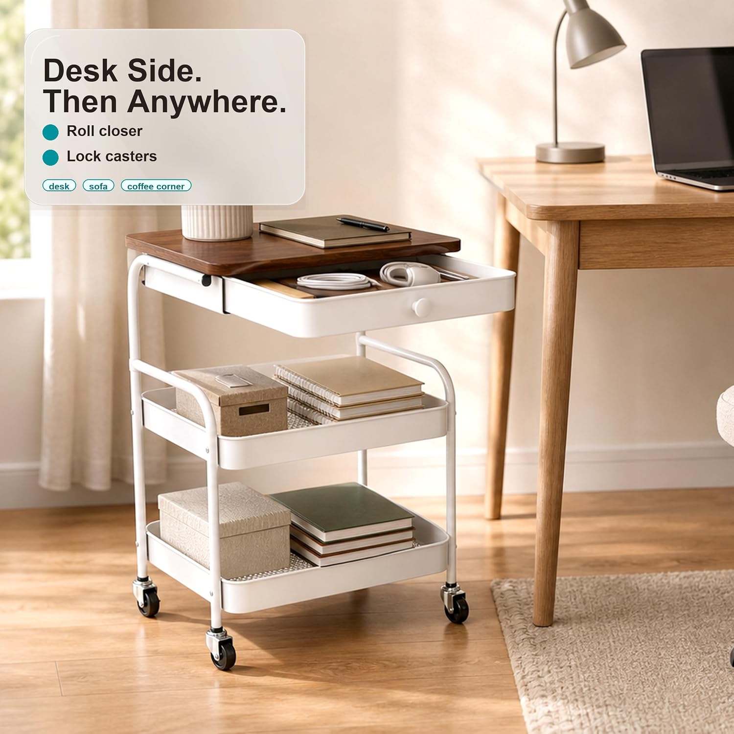 3 Tier Rolling Cart with Hidden Drawer and Wood Top, Small Space Storage Cart with Wheels, Coffee Station Organizer and Side Table Cart for Living Room, Bedroom, Kitchen, White