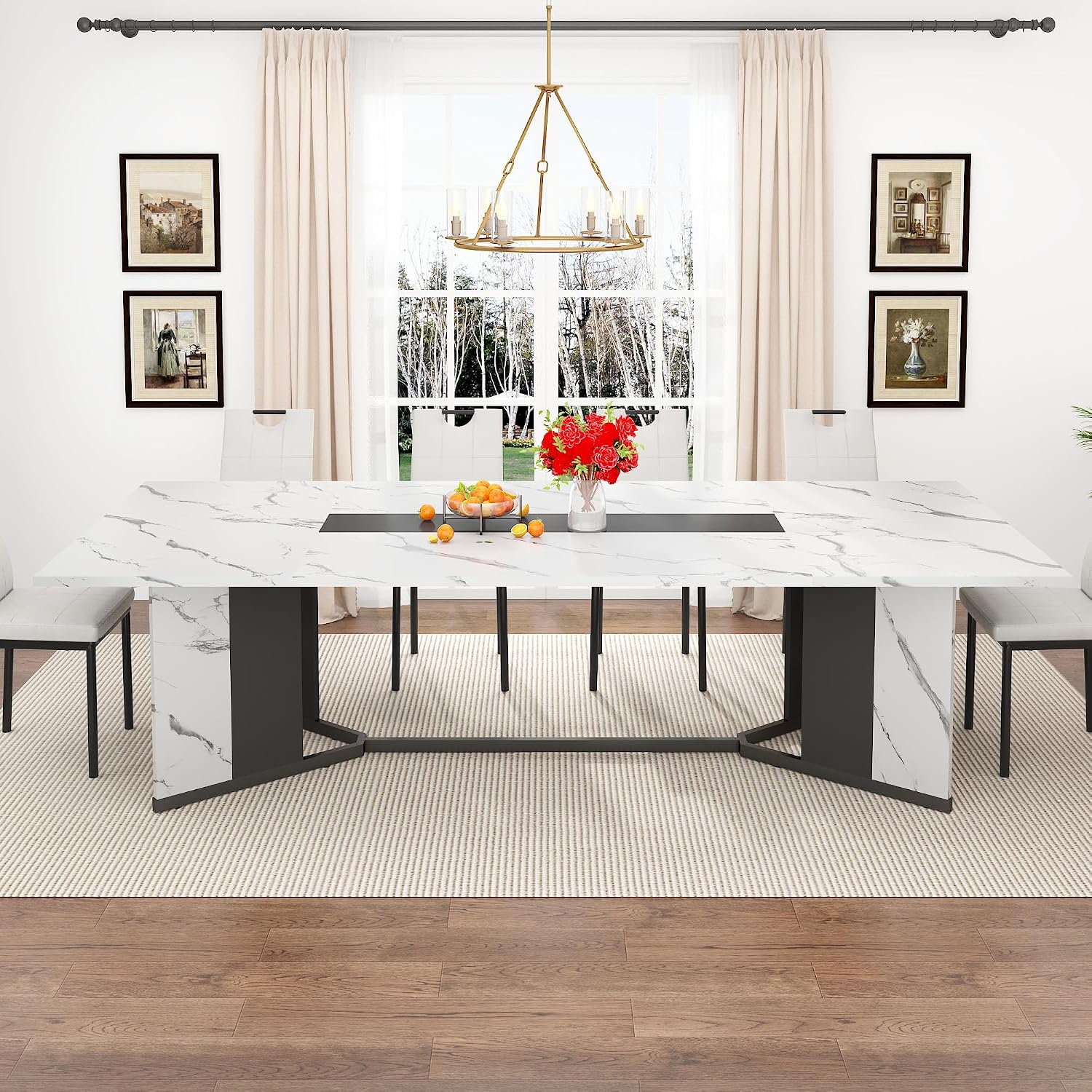 chartustriable Dining Table for 8-10 People,94" Large Modern Kitchen Table W/Built-in Table Runner Design,White&Black Industrial Rectangular Dinner Table,Waterproof Wood Table Sturdy Base,280lbs Load