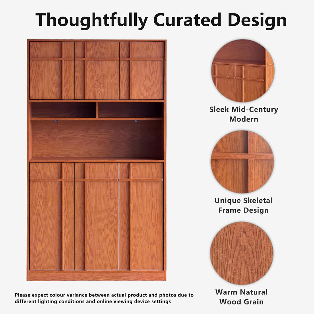 72" Pantry Cabinet, Tall Kitchen Pantry Storage Cabinet with Countertop, Adjustable Shelves, Mid Century Modern Wooden Kitchen Hutch with Skeleton Lines for Living Room, Dining Room, Cherry