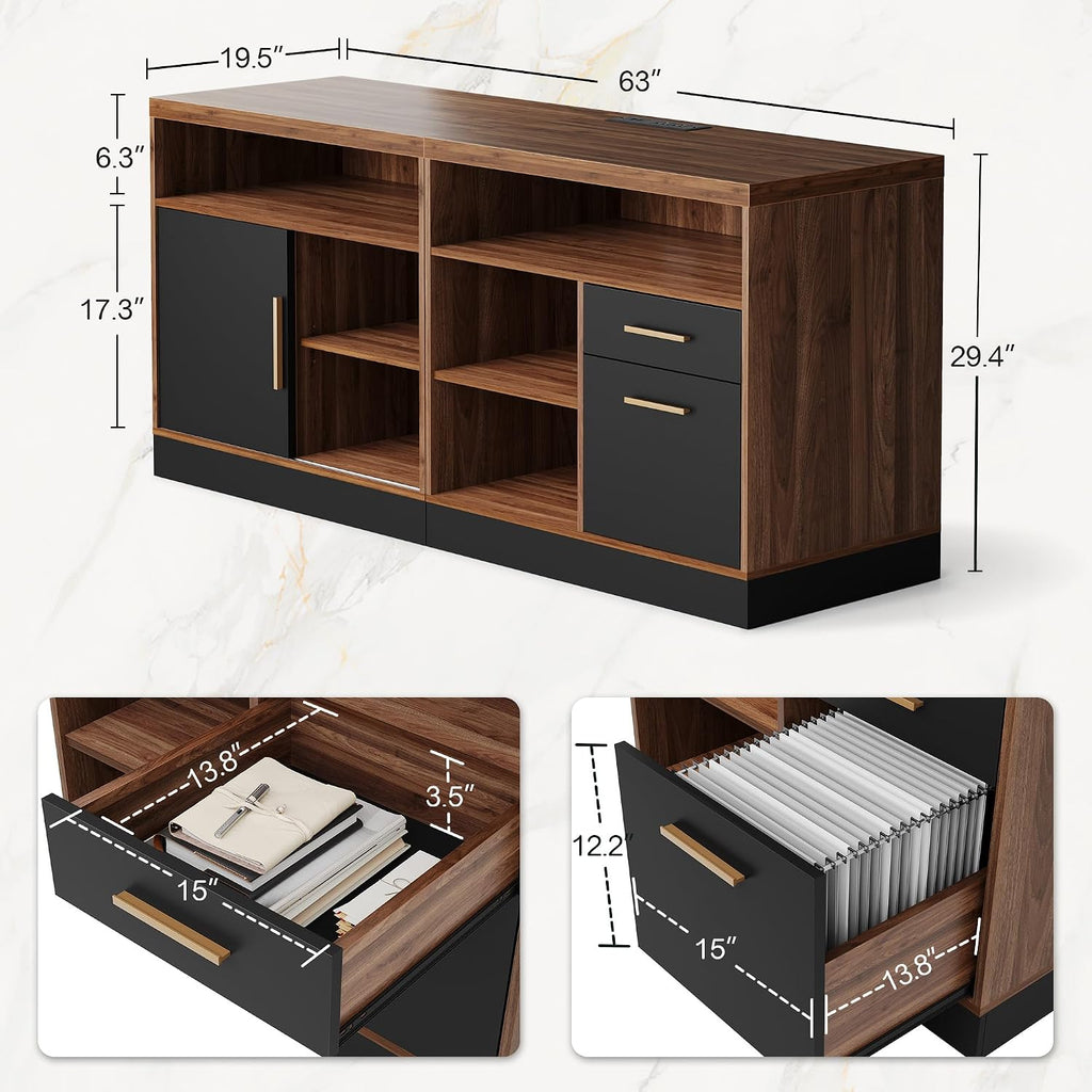 ModernMate 63" Lateral File Cabinet with Lock,2-Drawer Home Office Storage | File Cabinets for A4 / Letter Documents, Wide Credenza w/ Built-in Power Outlet, Fashion TV Stand Organizer, Black Walnut