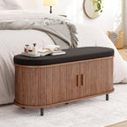 ONBRILL 43" Shoe Bench with Storage, Fluted Shoe Storage Bench with Cushion, Sliding Door and Adjustable Shelf, for Entryway, Hallway, Living Room, Walnut