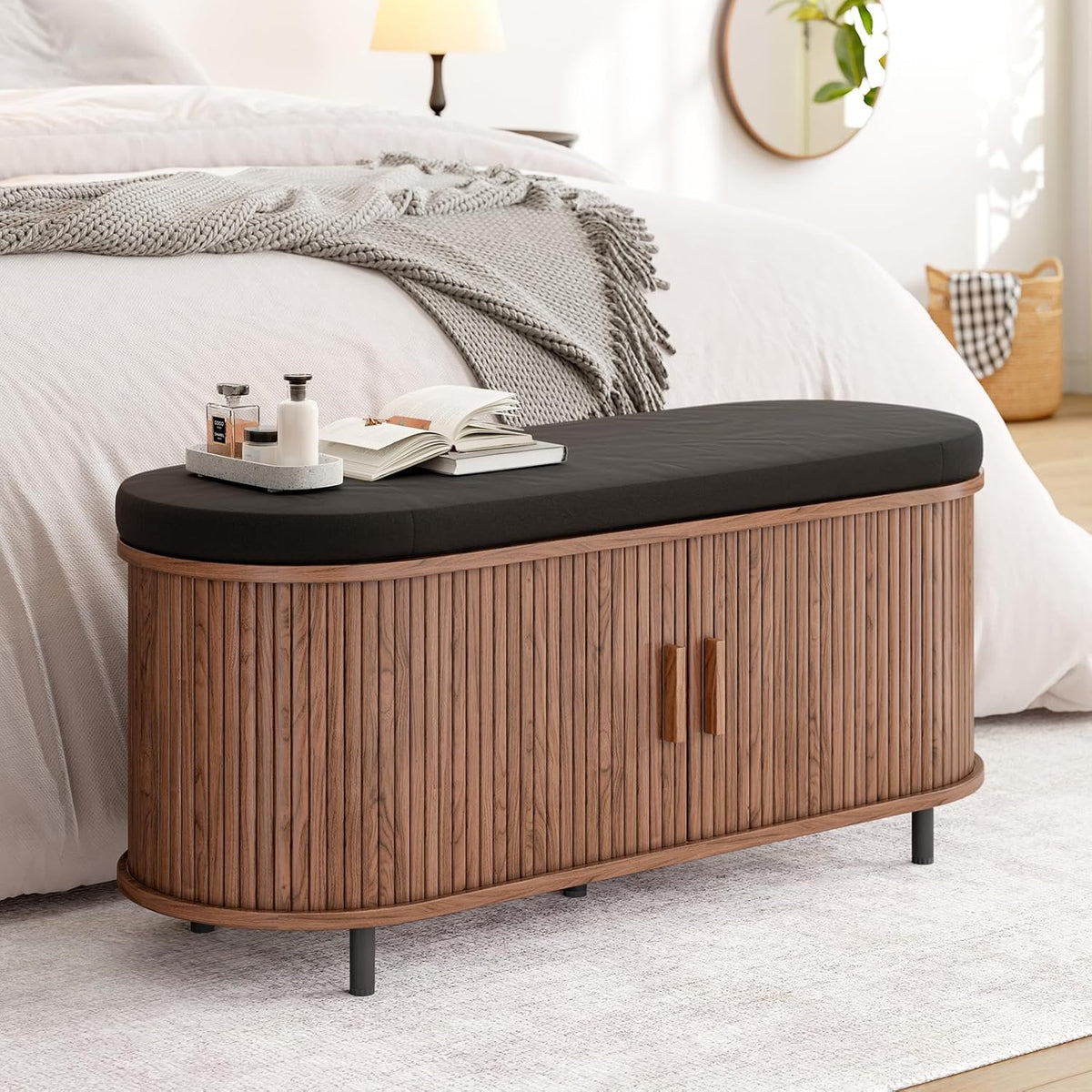 ONBRILL 43" Shoe Bench with Storage, Fluted Shoe Storage Bench with Cushion, Sliding Door and Adjustable Shelf, for Entryway, Hallway, Living Room, Walnut