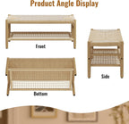 Recaceik Indoor Entryway Bench with Paper Cord Ottoman & Grid Storage Rack, Mid-Century Long Bench with Rubber Wood Legs, French Vanity End Bed Bench for Bedroom Living Room Channel