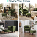 LINSY Accent Chair with Ottoman, Modern Barrel Chair Small Armchair Reading Chair with Footrest, Comfy Round Arms Chair for Living Room Bedroom Reading Room, Velvet, Olive Green