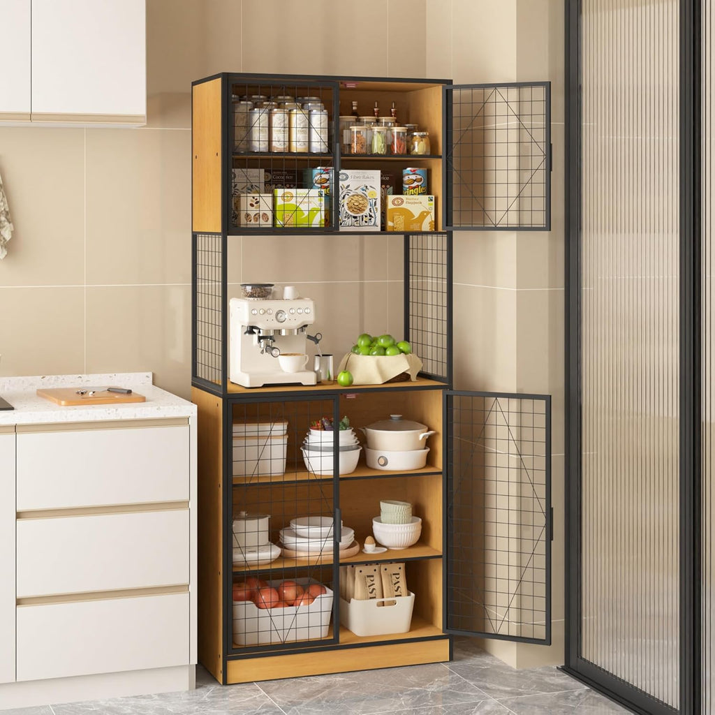 VECELO 72in Tall Kitchen Pantry Cabinet with Doors and Shelves, Large Freestanding Storage Cupboard with Countertop Hutch for, Oak