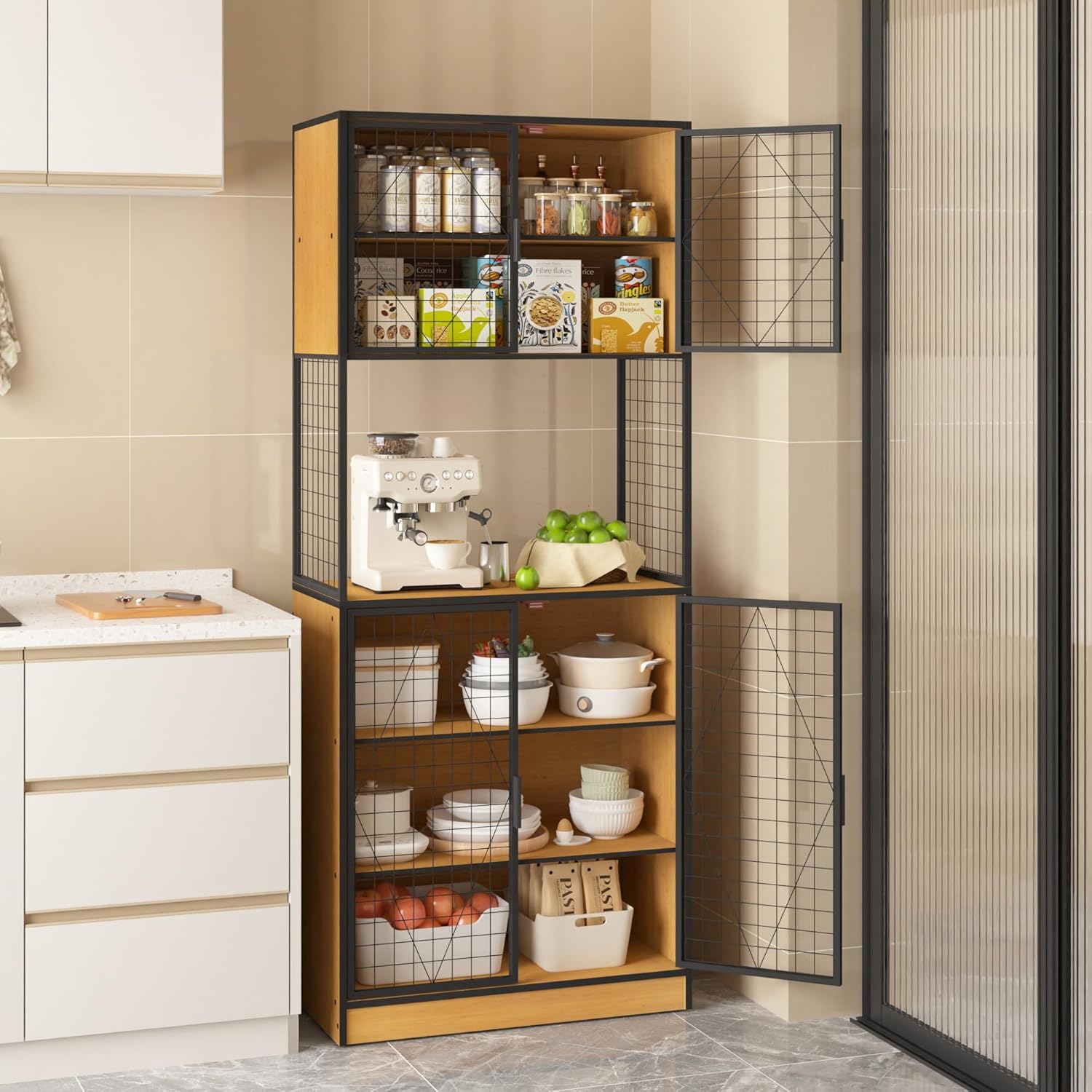 VECELO 72in Tall Kitchen Pantry Cabinet with Doors and Shelves, Large Freestanding Storage Cupboard with Countertop Hutch for, Oak