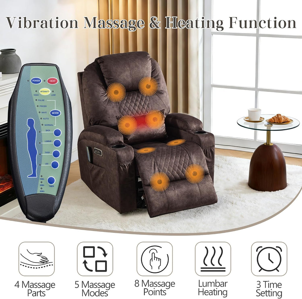 AHMED Dual Motor Power Swivel Rocker Recliner Chair, Velvet Brown | Electric Glider Rocking Chair, Massage & Heat, Cup Holders, LED Lights, USB A/USB C Ports