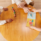 ECR4Kids 30in D Round Hardwood Table with 16in Legs and Two 8in Chairs, Kids Furniture, Honey | Durable rubberwood, GREENGUARD Gold Certified, ANSI/BIFMA Compliant, 2-3 years, 74 lb seat capacity, classroom & home use