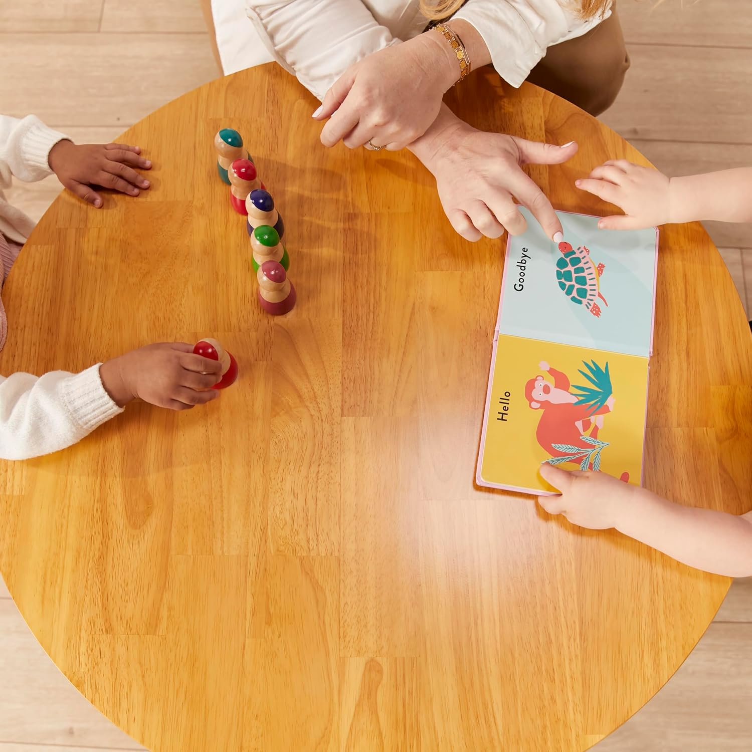 ECR4Kids 30in D Round Hardwood Table with 16in Legs and Two 8in Chairs, Kids Furniture, Honey | Durable rubberwood, GREENGUARD Gold Certified, ANSI/BIFMA Compliant, 2-3 years, 74 lb seat capacity, classroom & home use