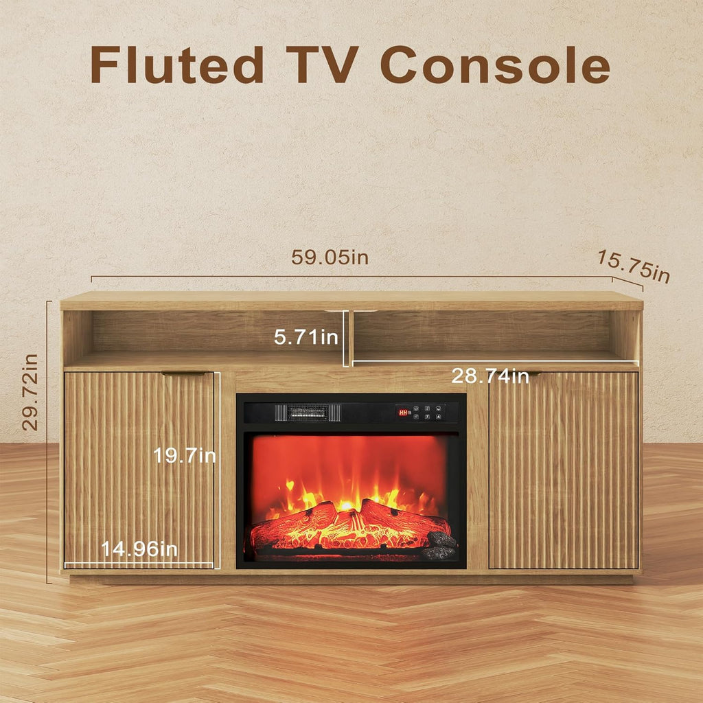 4-Piece Fluted Living Room Set Includes 31.5" Fluted Lift Top Coffee Table,59" Fluted Fireplace TV Stand for TVs Up to 70 inches and 2 Fluted Nightstands with Drawers,Natural Oak