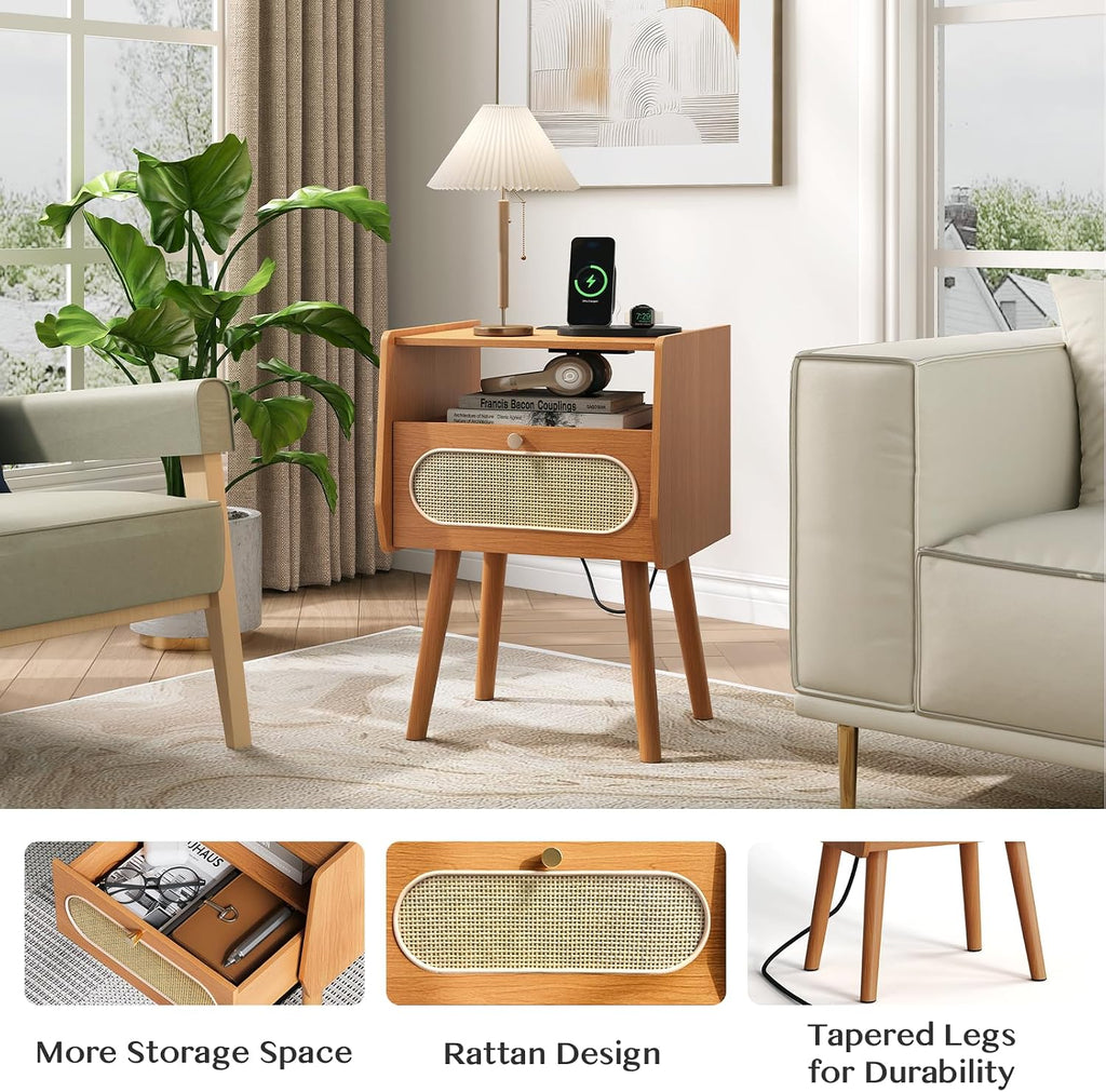 Nightstands Set of 2,Mid Century Modern Side Table with Charging Station & Rattan Drawer,Bedroom End Tables with Solid Wood Legs,Cherry