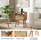 Nightstands Set of 2,Mid Century Modern Side Table with Charging Station & Rattan Drawer,Bedroom End Tables with Solid Wood Legs,Cherry