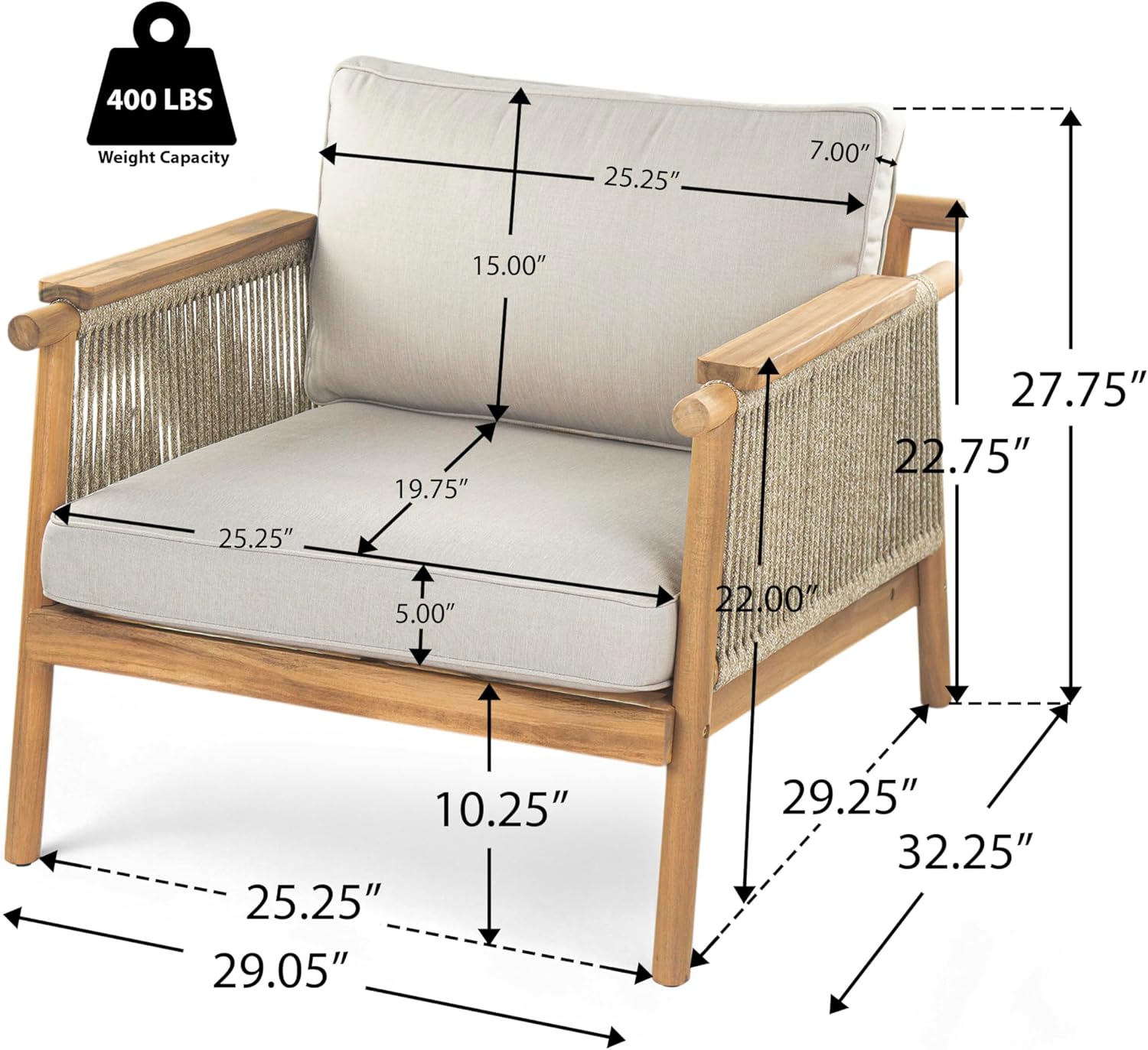 Merax Outdoor Acacia Wood Lounge Chair w/Cushions Set of 2, Patio Club Chair with Rope & Sturdy Wood Legs, All-Wearther Singe Sofa Chair for Porch, Lawn, Backyard, Balcony, Teak+ Beige