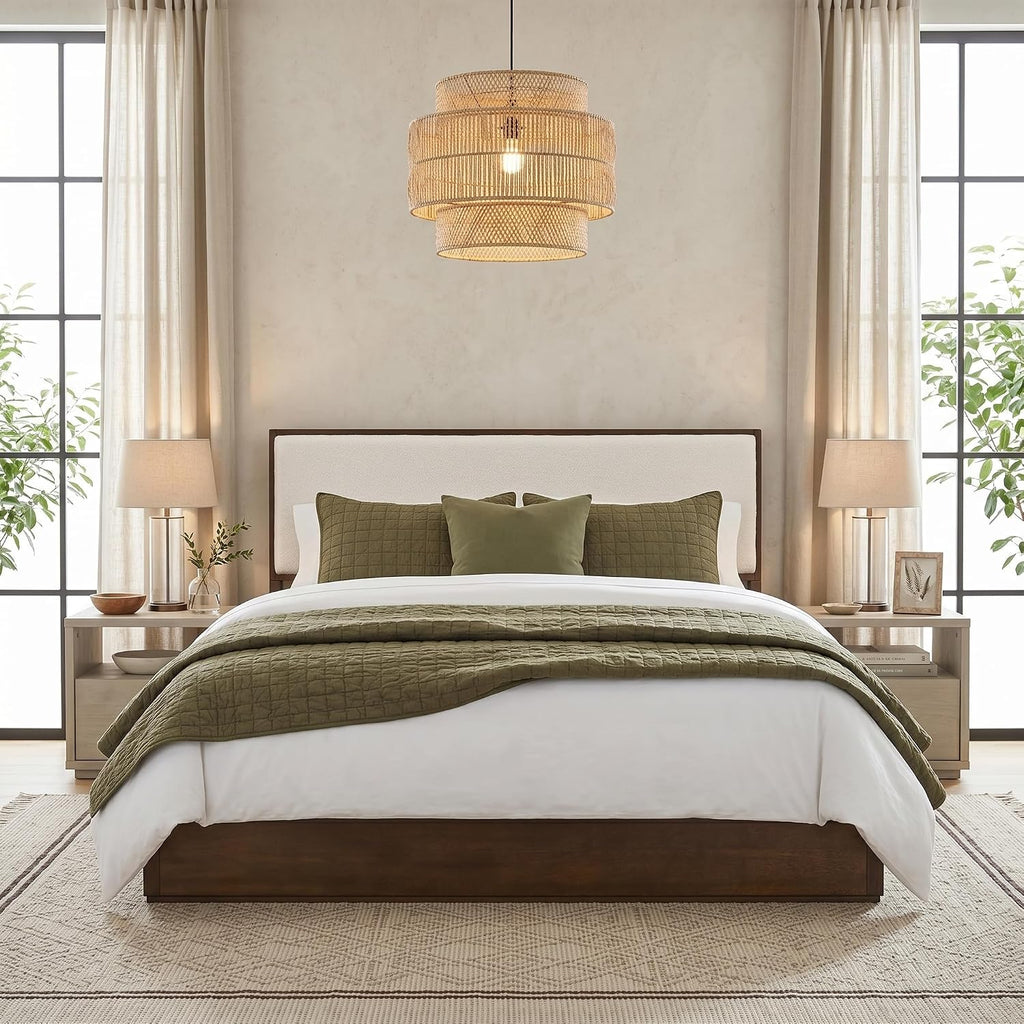Merax Walnut Queen Size Platform Bed Frame, Modern Minimalist Wood Bed Frame with Plush Boucle Upholstered Headboard, Low Profile Modern Bed, Wood Slat Support, No Box Spring Needed
