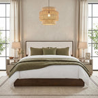 Merax Walnut Queen Size Platform Bed Frame, Modern Minimalist Wood Bed Frame with Plush Boucle Upholstered Headboard, Low Profile Modern Bed, Wood Slat Support, No Box Spring Needed