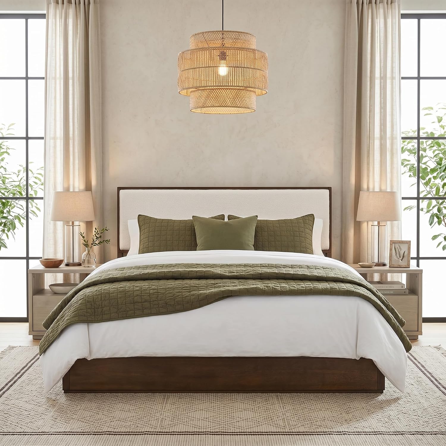 Merax Walnut Queen Size Platform Bed Frame, Modern Minimalist Wood Bed Frame with Plush Boucle Upholstered Headboard, Low Profile Modern Bed, Wood Slat Support, No Box Spring Needed
