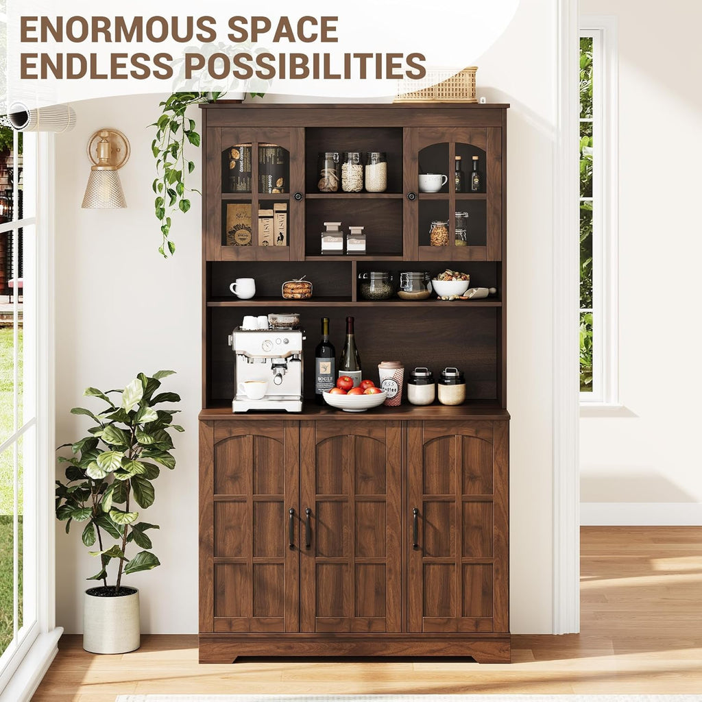 70.9" Tall Kitchen Pantry Cabinet with Glass Doors and Hutch, Freestanding Storage Cupboard with 5 Cabinets, Open Shelves & Inner Door Spice Racks, Multi-Purpose Organizer for Dining Room, Kitchen