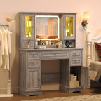 HUANLEGO Farmhouse Makeup Vanity Desk with Mirror and LED Lights, Grey | Vanity Mirror with Lights Desk for Women, Makeup Table Set with RGB Cabinet and 6 Drawers, Charging Station , 3 Light Modes