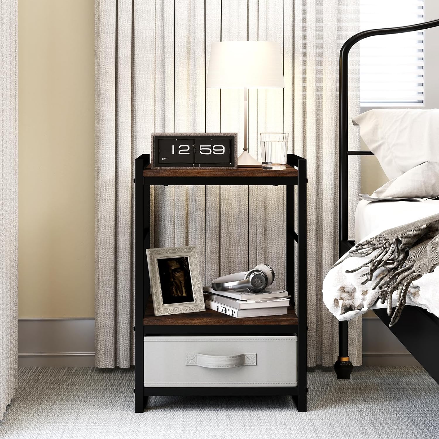 Giantex Industrial Nightstand with Storage Drawer, Rustic Bedside Table with Metal Frame & Open Shelf, 16 Inch Small Side End Table for Bedroom, Living Room, or Apartment, Rustic Brown