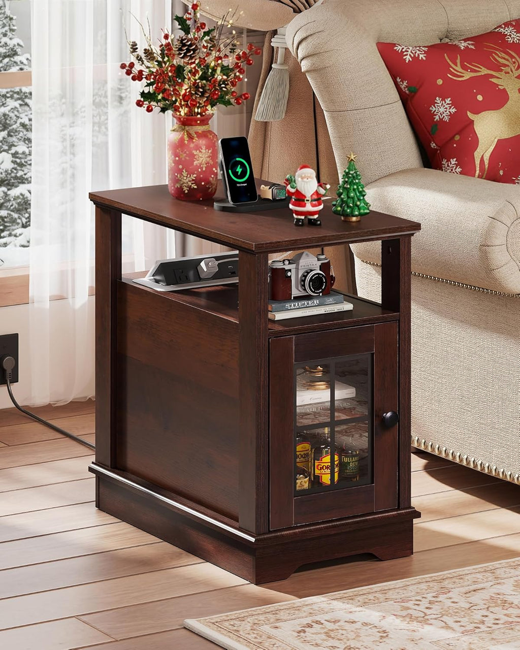 WLIVE Farmhouse End Table with Charging Station, Narrow Side Table with Storage, Small Nightstand with USB Ports and Outlets ，Bedside Cabine for Bedroom, Living Room,Espresso