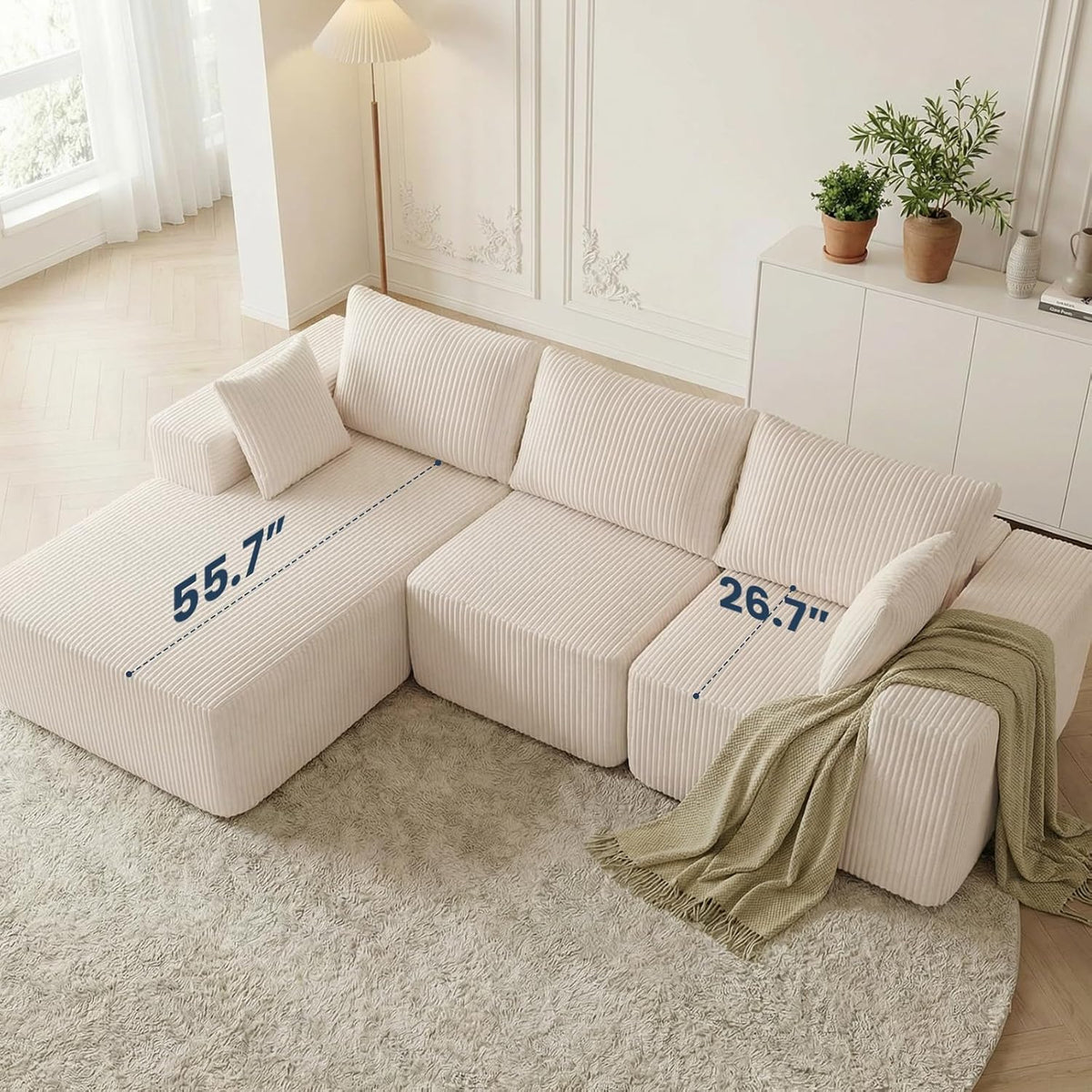 DUMOS 108" L-Shaped Sectional Couch, Left Facing Chaise | Upholstered Corduroy Sofa with 55.7'' Deep Seat for Living Room, Small Apartment, No Assembly in a Box, Creamy