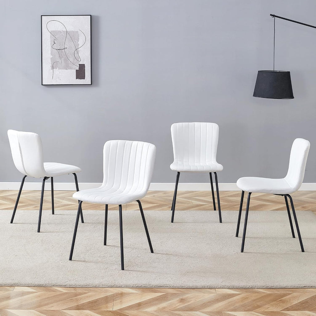 Dining Chairs Set of 4, White Linen Kitchen Chairs Heavy Duty Restaurant Chair Striped Modern Parson Chair with Metal Leg for Kitchen Restaurant Dining Room
