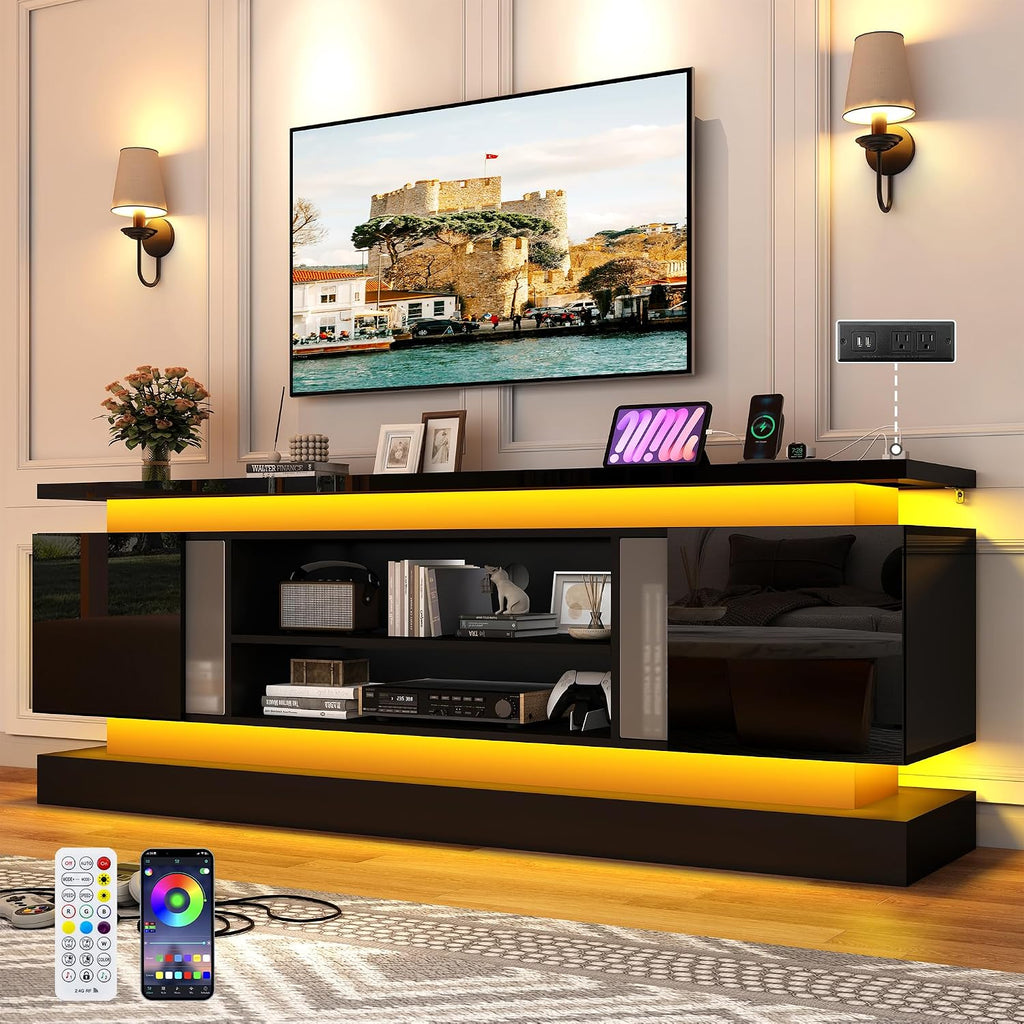 St.Mandyu 71" 2 LED TV Stand for TVs 85 inch,High Gloss Gaming Tall Entertainment Center w/Power Outlet,6000-Colors LED Lights,Modern TV Media Console Table with 2 Cabinets for Living Room,Black
