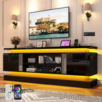 St.Mandyu 71" 2 LED TV Stand for TVs 85 inch,High Gloss Gaming Tall Entertainment Center w/Power Outlet,6000-Colors LED Lights,Modern TV Media Console Table with 2 Cabinets for Living Room,Black