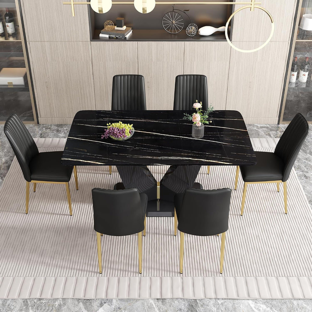 7 Pieces Modern Dining Table Set 63" Black Marble Dining Table Set for Rectangle Dining Room Table and 6 Black PU Leather Chairs for Kitchen, Office, Meeting Room, Restaurant