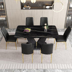 7 Pieces Modern Dining Table Set 63" Black Marble Dining Table Set for Rectangle Dining Room Table and 6 Black PU Leather Chairs for Kitchen, Office, Meeting Room, Restaurant