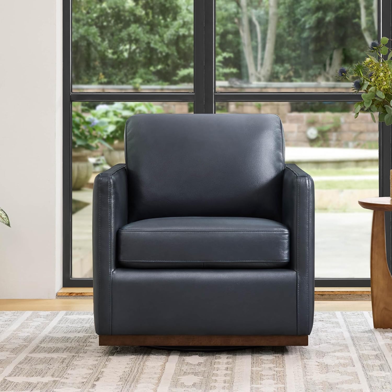 CHITA Genuine Leather Swivel Chair, Wood Frame, Fully Assembled, Navy