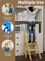 Baoz 3-in-1 Wooden Library Ladder, 4 Tier Folding Ladder, Convertible Step Stool & Display Rack with Lock Buckle Fixation, 300lbs Capacity Step Stool for Kitchen, Library, Office