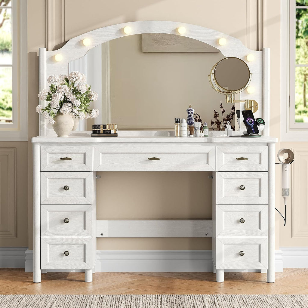 STO'SENSE Vanity Desk with Mirror and Lights, Makeup Vanity Table with 9 Drawers, Magnifying Mirror & Power Outlet, Large Vintage Dressing Table for Women & Girls Bedroom (White)