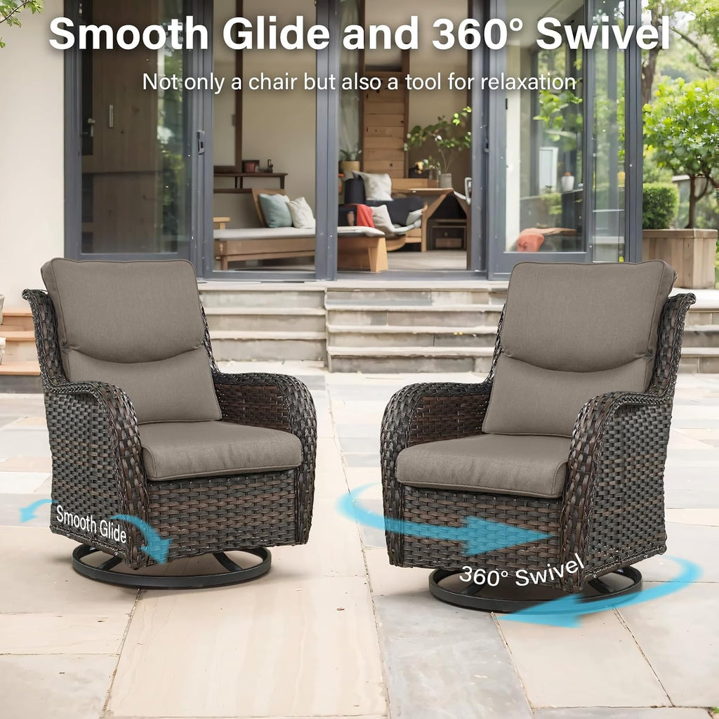 Outdoor Swivel Rocker Patio Chairs with 2 Ottomans - 5" Thick Cushion 4 Piece Furniture Set All Weather Comfortable Wicker Conversation Set for Porch Poolside and Deck - Brown/Gray