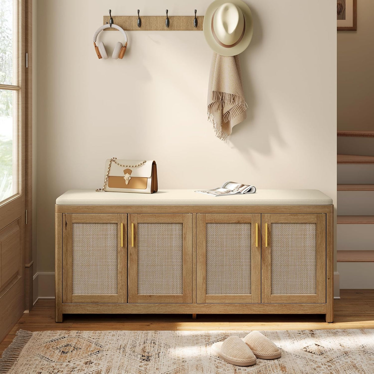 VASAGLE ELLAN Collection - Boho Shoe Bench with Cushion, Entryway Storage Bench with 4 Rattan-Look Cabinet Doors, Rounded Corners, Adjustable Shelf, for Bedroom Under Window, Natural Brown ULSB502KC01