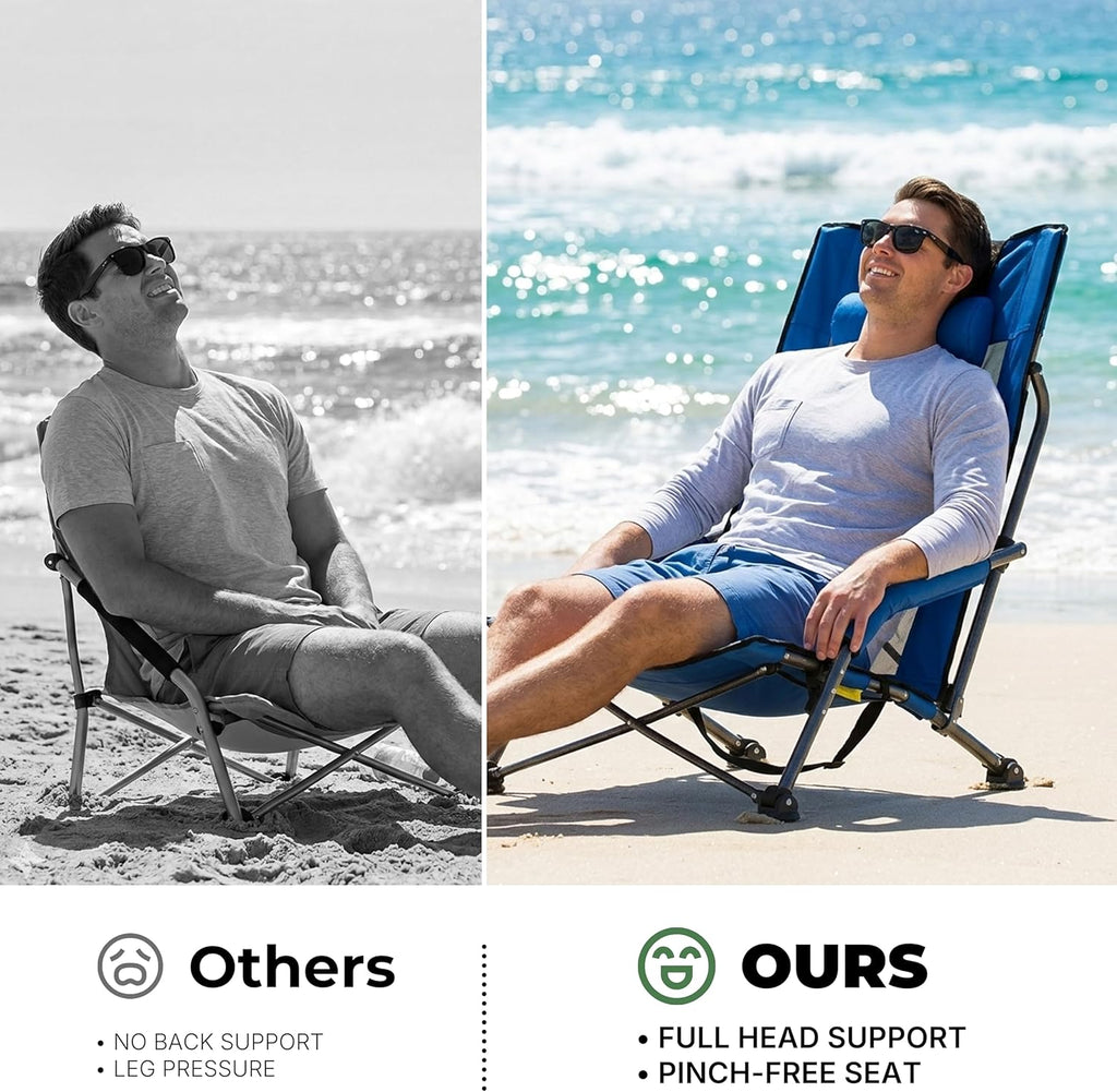 Beach Chairs for Adults Blue 1 Pack | High Back, Low Profile, 22.5'' Wide, Headrest, Breathable Mesh, Portable, Outdoor, Beach, Concert