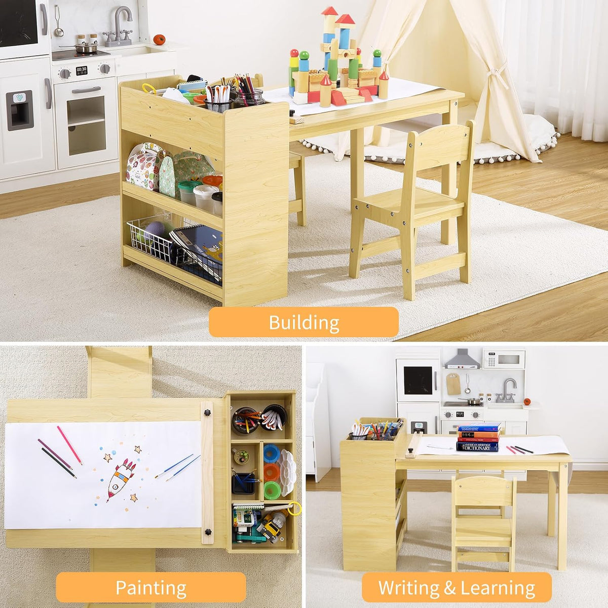 Kids Art Table with 2 Chairs, Toddler Craft Desk with Large Shelves Storage for Drawing & Writing, Activity Craft Table, with Paper Roller Wooden Furniture for Ages 2-10