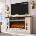 OKD 70" Farmhouse TV Stand with 42" Electric Fireplace, Antique White | 36" Tall, Glass Door Side Cabinets with LED, Open Cubby, Storage Drawers, Cable Management, Media Console for Living Room