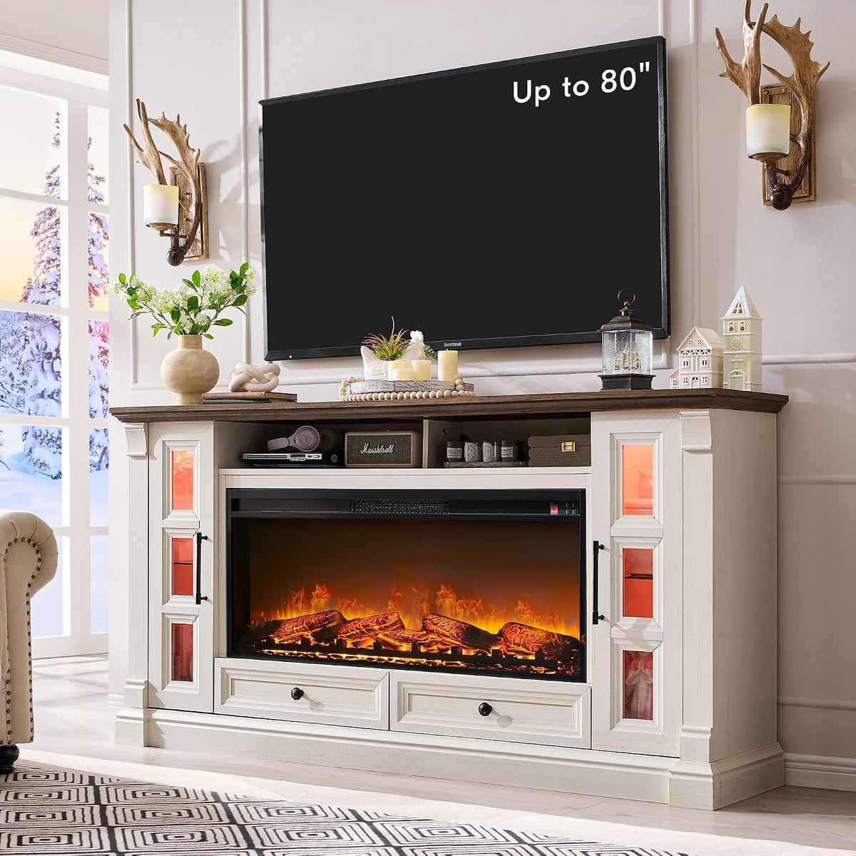 OKD 70" Farmhouse TV Stand with 42" Electric Fireplace, Antique White | 36" Tall, Glass Door Side Cabinets with LED, Open Cubby, Storage Drawers, Cable Management, Media Console for Living Room