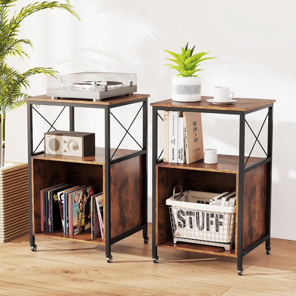 LOKO 3-Tier Rolling Record Player Stand, Mobile Turntable Stand with Power Outlet, Open Shelf & Dividers, Metal Frame, Industrial Vinyl Record Storage Table on Wheels for Living Room, Bedroom