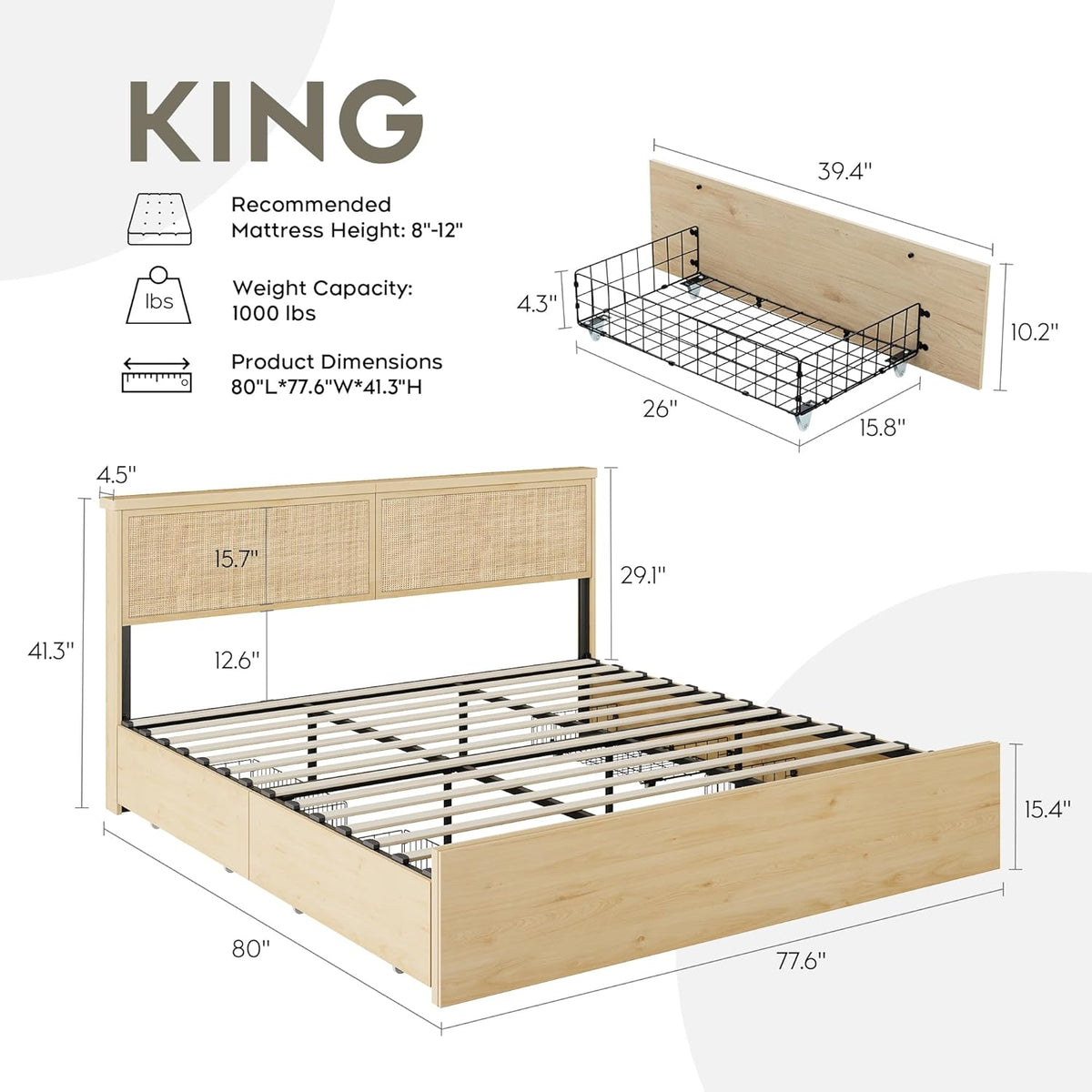 Yechen King Bed Frame with Natural Rattan Headboard and Wooden 4 Storage Drawers, Light Oak Metal Platform Bedframe with Strong Wooden Slats Support, Boho Cane Wood Bed, No Box Spring Needed