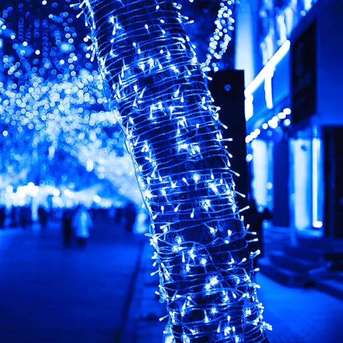 JMEXSUSS 163 FT 500 LED Blue Christmas Lights Outdoor, Waterproof Blue String Light Plug in, 8 Modes Clear Wire Christmas String Lights for Tree Yard Patio House Party Decorations