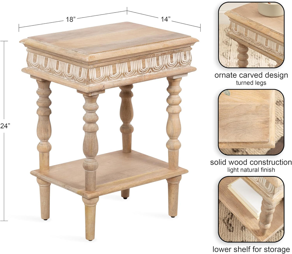 Kate and Laurel Patresa Traditional Carved Wood Side Table, 18 x 14 x 24, Light Natural, Decorative Rectangle End Table with Tiered Design for Use as Bedroom Nightstand